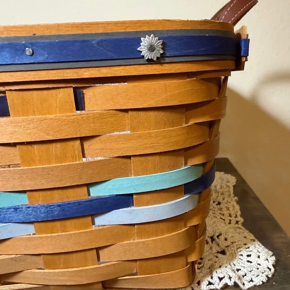 Longaberger Woven Wood Basket Leather Blue Handles Plastic Liner 17